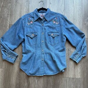 Vintage Cambridge Country Store Floral Embroidered Jean Top L